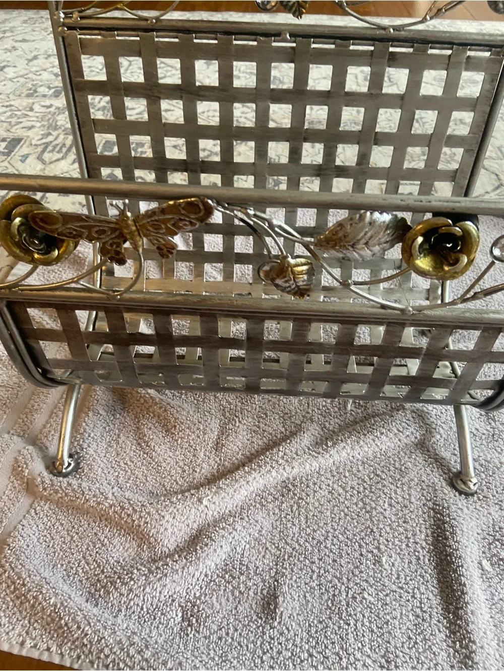 Metal Decorative Two-Tier Mail & Magazine Holder - Silver with Gold Accents